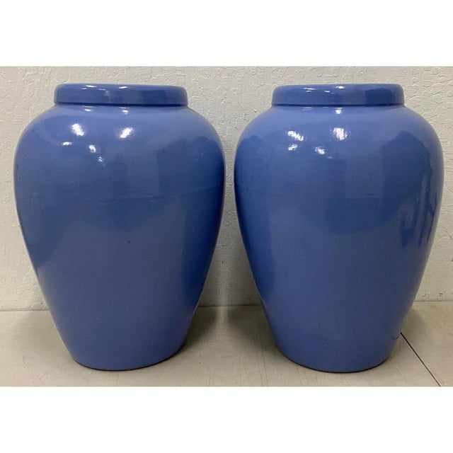 Pair of Cornflower Blue Oil Storage Jars C.1930 Dimensions 8" diameter at the base x 14" diameter at the body 8" across at...