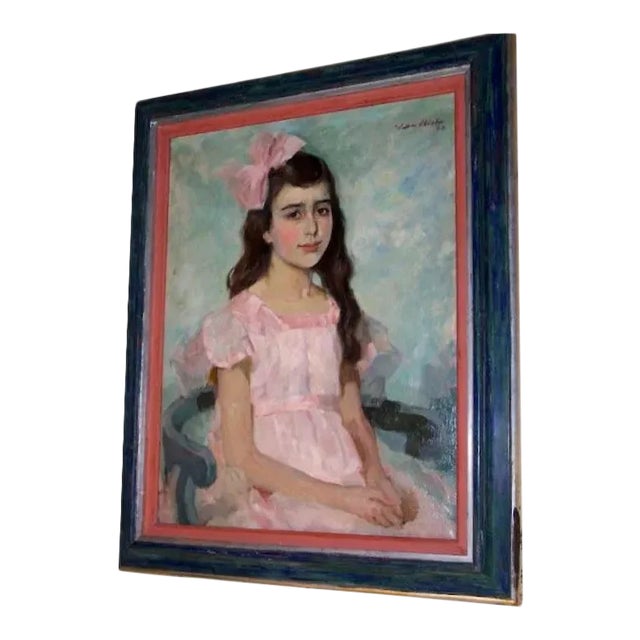 1920s "Portrait of a Girl in Pink" Oil Painting, Framed For Sale