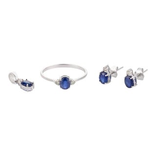 18k White Gold Blue Sapphire and Diamond Pendant, Ring Size 7 and Earrings Jewelry Set- 4 Pieces For Sale