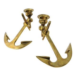 Vintage Brass Anchor Maritime Nautical Candle Holders - a Pair For Sale