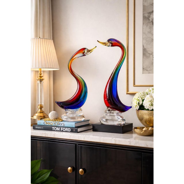Mid 20th Century Pair of Hand-Blown Cased Art Glass Swan Sculptures, Murano-Style Mid-Century Modern, 15” For Sale - Image 5 of 12