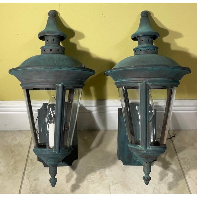 Metal Timeless Elegance: Pair of Antique Verdigris Brass Wall Lanterns For Sale - Image 7 of 12