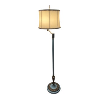 Vintage 1930s Art Deco Cast Brass and Blue Enamel Bridge Swing-Arm Floor Lamp For Sale