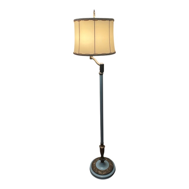 Vintage 1930s Art Deco Cast Brass and Blue Enamel Bridge Swing-Arm Floor Lamp For Sale