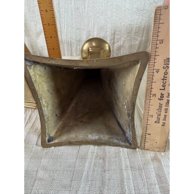 Brass Pair of Vintage Indian Brass Geometric Candlesticks 11” For Sale - Image 8 of 9