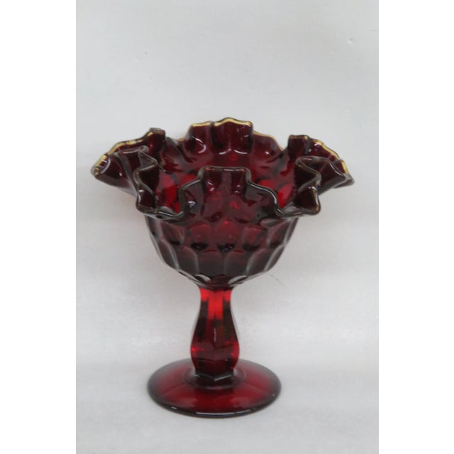 Fenton Thumbprint Compote Ruby Red Yellow Crest Double Crimped Rim For Sale - Image 12 of 12