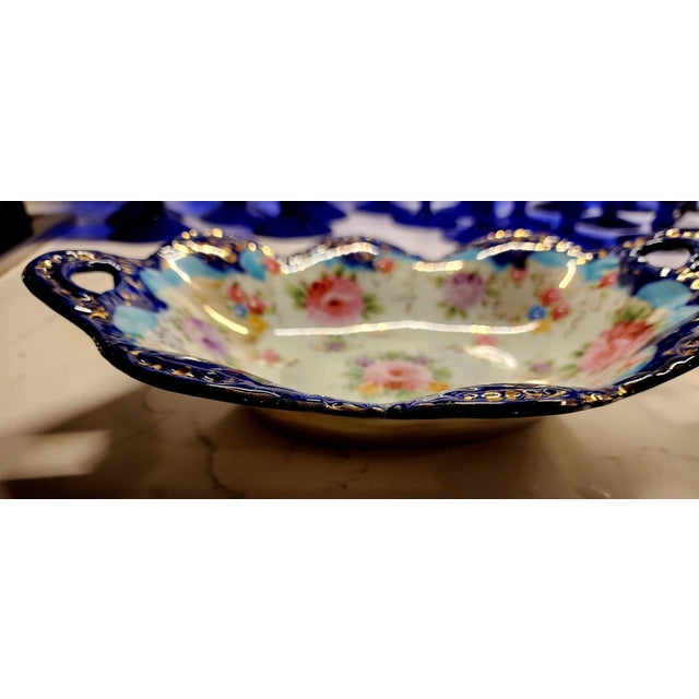 Mid-Century Modern Nippon Moriage Hand Painted Cobalt Blue Gilt Floral Oval Porcelain Dish 1910-30s For Sale - Image 3 of 8