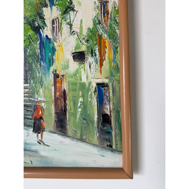 Blue Vintage European Street Scene Oil on Canvas – Framed For Sale - Image 8 of 11