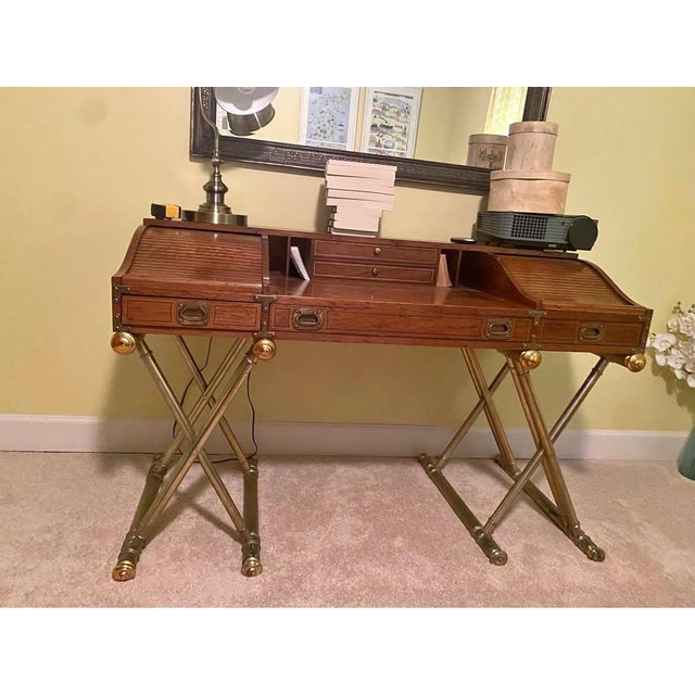 Brown Vintage 1970's Drexel Oxford Square Campaign Style Desk Faux Brass Legs For Sale - Image 8 of 11