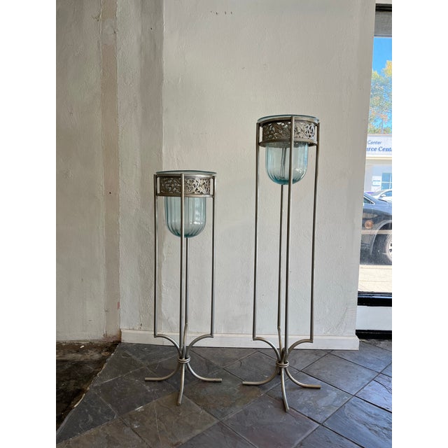 Mexican Pair of Mexican Aqua Blown Glass Vessels on Decorative Tole Metal Plant Stands For Sale - Image 3 of 10