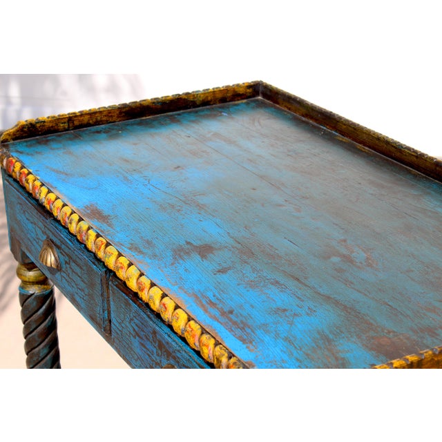 Late 20th Century Spanish Revival Console Table | Hand-Painted Distressed Blue Accent Table | Barley Twist Legs | Two Drawer Sofa Table For Sale - Image 9 of 16