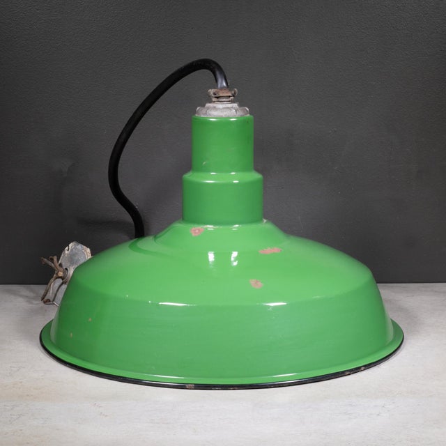 Vintage 18" Enameled Porcelain Green Industrial Pendant Lights c.1930-Set of 3 For Sale - Image 10 of 16