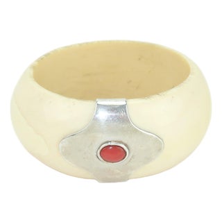 Bone Bangle Bracelet With Silver & Carnelian Accent, c.1970 For Sale