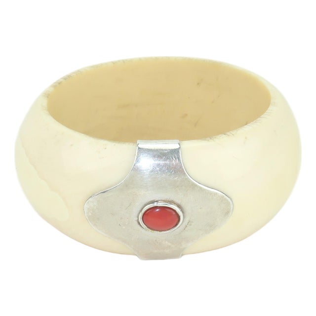 Bone Bangle Bracelet With Silver & Carnelian Accent, c.1970 For Sale