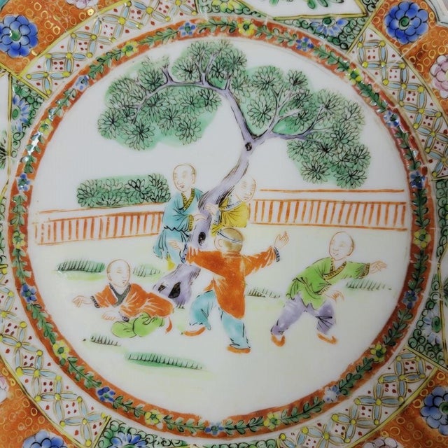 1920s Antique Chinese Famille Verte Medallion Scalloped Plate With Boys, Early Republic Period For Sale - Image 5 of 6
