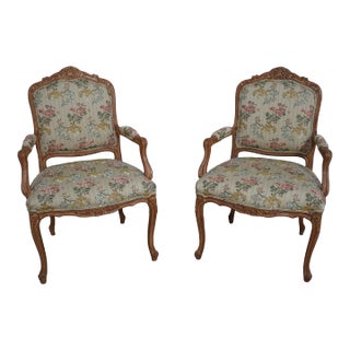 Pair French Louis XV Style Silk Blend Upholstered Armchairs For Sale