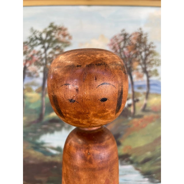 Vintage Japanese Kokeshi Doll With Hand-Painted Floral Detail and Carved Wood Base. For Sale - Image 4 of 11