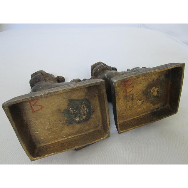 Metal 19th Century Chinese Foo Dogs Gilt Bronze Lions Bookends- A Pair For Sale - Image 7 of 13