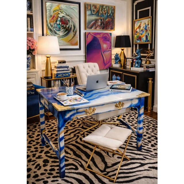 1960s Writing Desk | Hand Painted Blue Geode Inspired Desk With Gold Accents | One-of-a-Kind Statement Furniture For Sale - Image 4 of 9