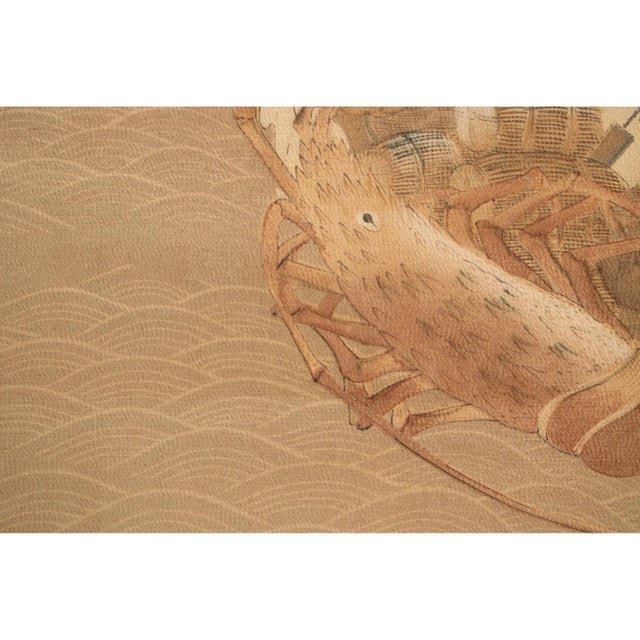 1970s Showa Era Large Japanese Printed Silk Scroll "Lobster Boat" For Sale - Image 4 of 10
