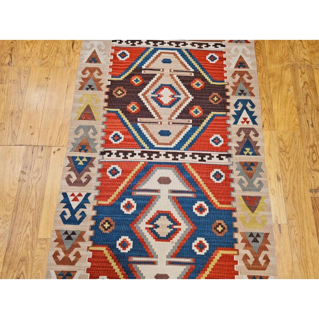 Vintage Turkish Tribal Kilim Runner, Handwoven Wool, Geometric Caucasian Pattern, Blue & Red, 3x8 For Sale - Image 13 of 17