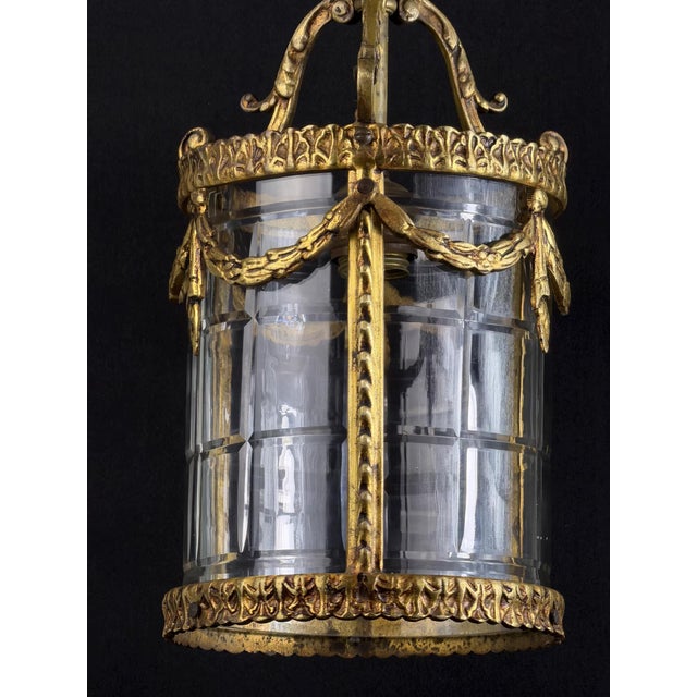 Antique French Louis XVI Style Gilt Bronze Hanging Lantern with Faceted Glass For Sale - Image 3 of 10