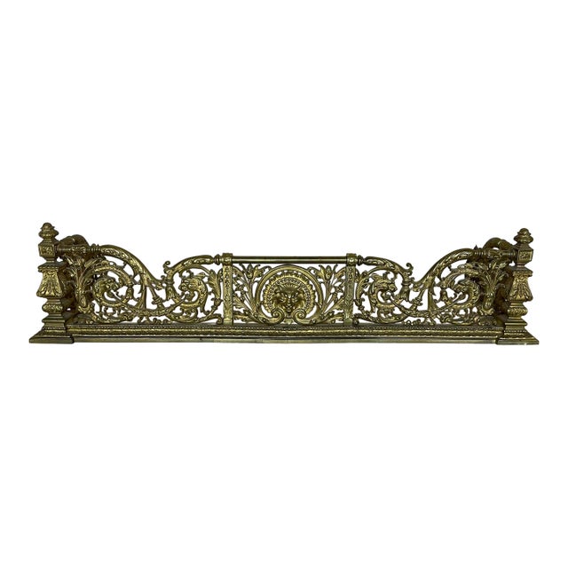 Fine Antique Lions Head Brass Fireplace Fender With Acorn Finials For Sale
