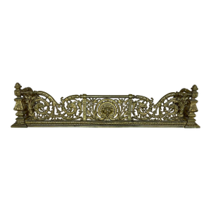 Fine Antique Lions Head Brass Fireplace Fender With Acorn Finials