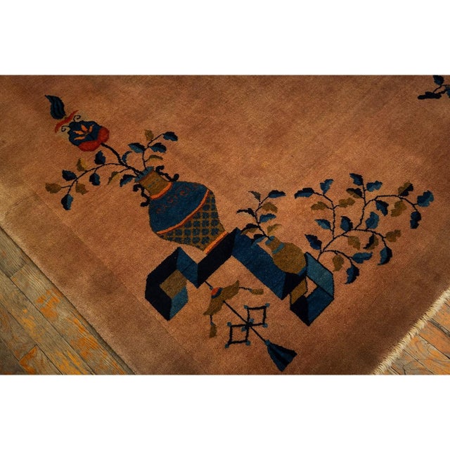 Textile 1920s Antique Caramel Field Floral Handknotted Wool Chinese Art Deco Carpet Rug For Sale - Image 7 of 10