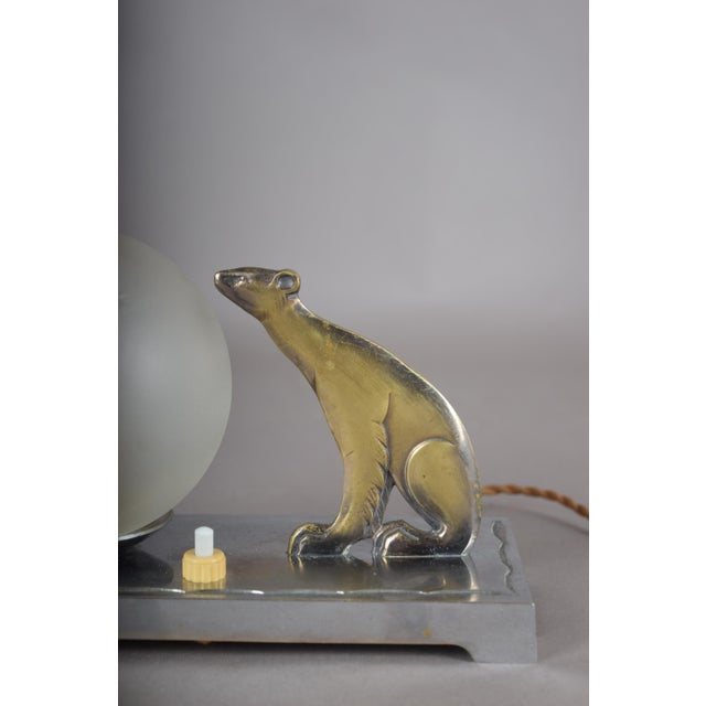 Metal Art Deco Animal-Figure Table Lamp with Frosted Glass Globe, 1940s For Sale - Image 7 of 11