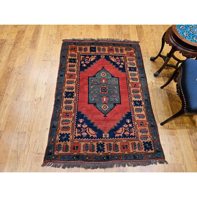 Mid 20th Century Vintage Kurdish Tribal Area Rug, Handwoven Wool, Red Medallion Design, 4' x 5' For Sale - Image 5 of 18