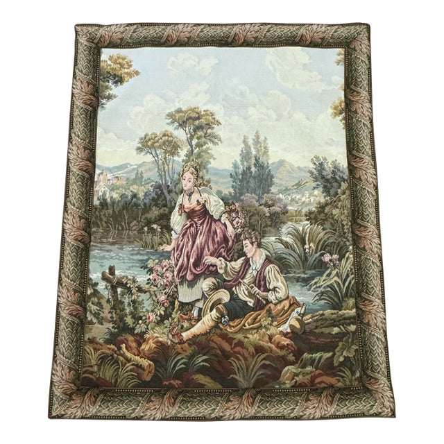 Vintage Mid-Century French Aubusson-Style Pastoral Jacquard Tapestry, 62" X 48" For Sale
