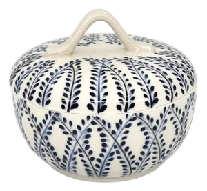 Hand-Painted Bat Trang Lidded Ceramic Bowl With Indigo Leaf Motif
