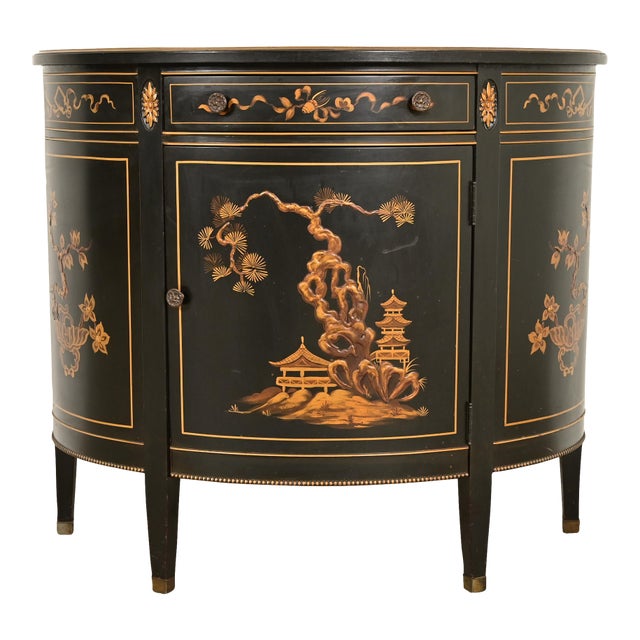 Imperial Furniture Grand Rapids French Regency Chinoiserie Black Lacquered Hand Painted Demilune Cabinet, Circa 1940s For Sale