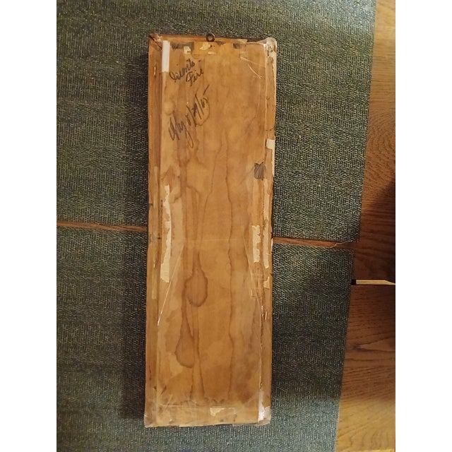 The piece uses deep rust reds, earthy browns, and warm ochre golds, built up in thick, textured oil paint within a dark...