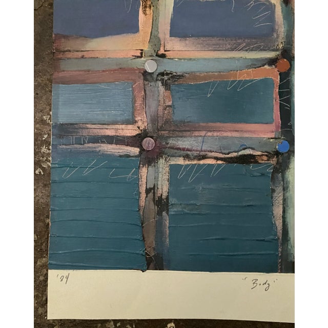 Abstract painting with collage by North Carolina artist Leslie Karpinski. Pencil signed, titled "Body" and dated 1984 on...