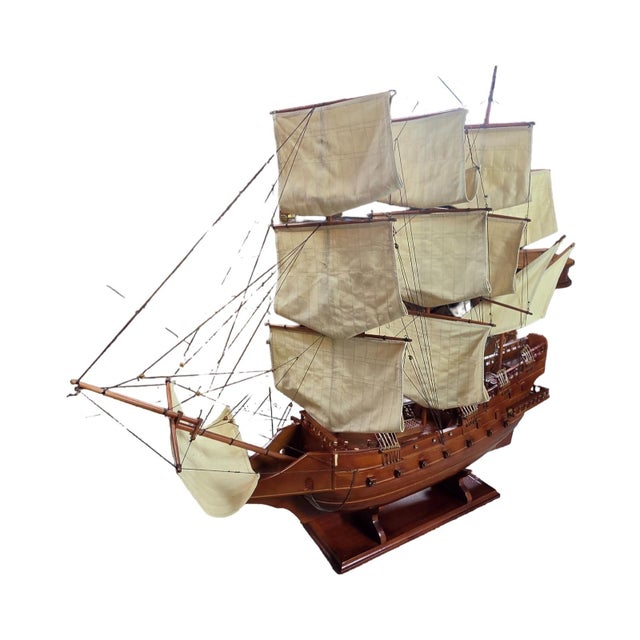 Coastal Large Handcrafted Wooden Three-Masted Sailing Ship Model With Cloth Sails For Sale - Image 3 of 12