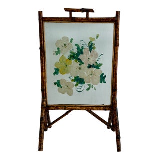 Antique Victorian Bamboo and Hand-Painted Glass Fire Screen, C,1890s For Sale