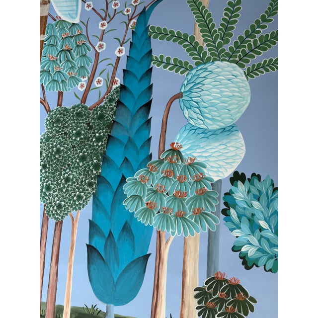 Paper Blue Chinoiserie Mural | Hand-Painted Xuan Paper Wallpaper With Birds, Tropical Foliage & Leopard | Set of 4 For Sale - Image 7 of 7