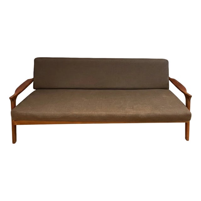 Vintage Grey Parker Inspired Upholstered Sofa With Tall Legs For Sale