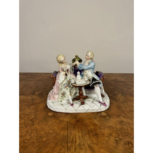 Antique Victorian continental porcelain figural group, depicting a lady and gentlemen seated having tea, in wonderful...