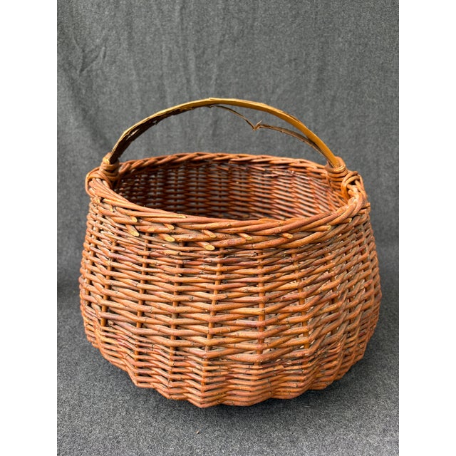 Large Antique Hand Woven Willow Gathering Basket Branch Handle For Sale - Image 13 of 17