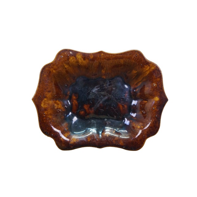 Antique ceramic dish / tray / bowl / compote featuring scalloped rectangular form with a brown mottled tortoiseshell style...