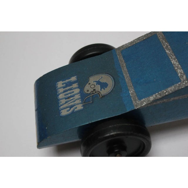 Blue Vintage Hand-Crafted Wooden Model Car With Detriot Lions Graphics For Sale - Image 8 of 13