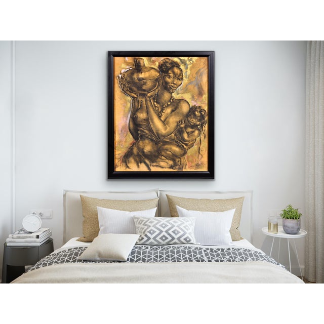 African School Artist, Mother and Child, 1970s, Mixed Media Painting For Sale - Image 10 of 18