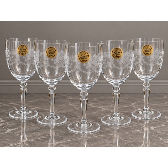 Vintage Lead Crystal Wine Glasses with Floral Etching, France, 1980s, Set of 5, in Flawless conditions. Designed 1980 to 1989