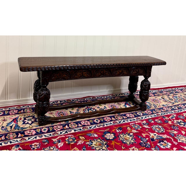 Wood Antique English End-of-Bed Bench Window Seat Settee Carved Oak C. 1900 For Sale - Image 7 of 12