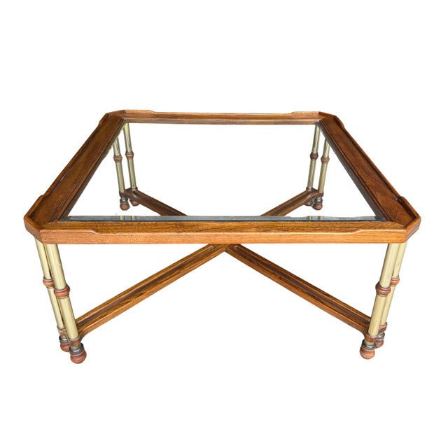 Drexel Vintage Faux Bamboo Brass & Glass Coffee Table | Hollywood Regency Chinoiserie Cocktail Table | Campaign Style Designer Square Coffee Table For Sale - Image 4 of 13