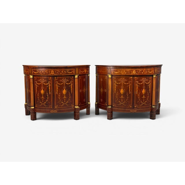 1830s English Neoclassical, Stunning Demi Lune Cabinets, Bronze, Satinwood Inlay, England, 19th century A masterful pair...