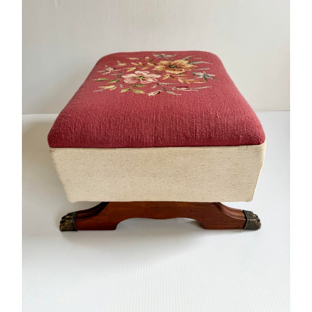 Vintage Large Floral Needlepoint Footstool Ottoman With Wood and Brass Clawfeet For Sale In Cleveland - Image 6 of 12